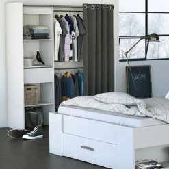 Demeyere Dressing Extensible Blanc Perle Avec Rideau Taupe -Ledepot Soldes Magasin armoire placard extensible avec rideau blanc perle 2