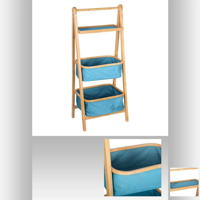 Colonne Pliante 2 Paniers Bleus Et 1 Plateau En Bambou 4 Colonne Pliante 2 Paniers Bleus Et 1 Plateau En Bambou – Image 2